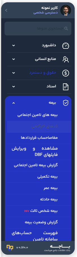 گزینهٔ «مشاهده و ویرایش فایلهای DBF» در گروه «بیمه» منوی کناری