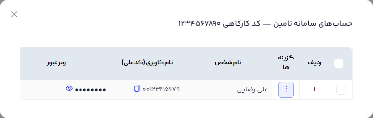 پنجره حساب‌های سامانه تامین برای کد کارگاهی با نام کاربری کد ملی و رمز ماسک‌شده